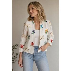 MAK New York Vintage Linen Blend Floral Embroidered Open Front Blazer Jacket 6